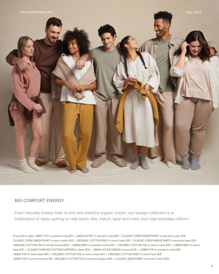 A group of people wearing Parachute linen loungewear with a summary explaining its luxurious comfort.