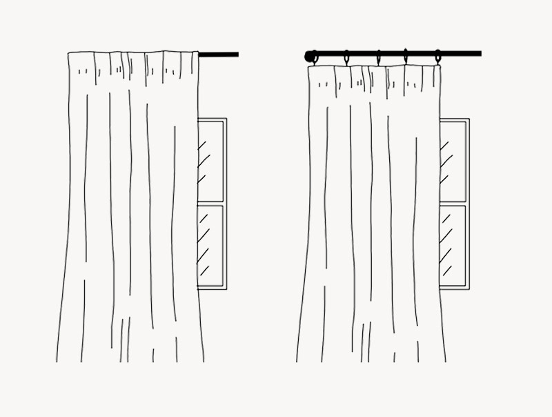 An illustration of curtains hanging on a curtain rod or by hooks in front of a window