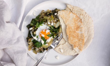 shakshuka on plate with pita. 