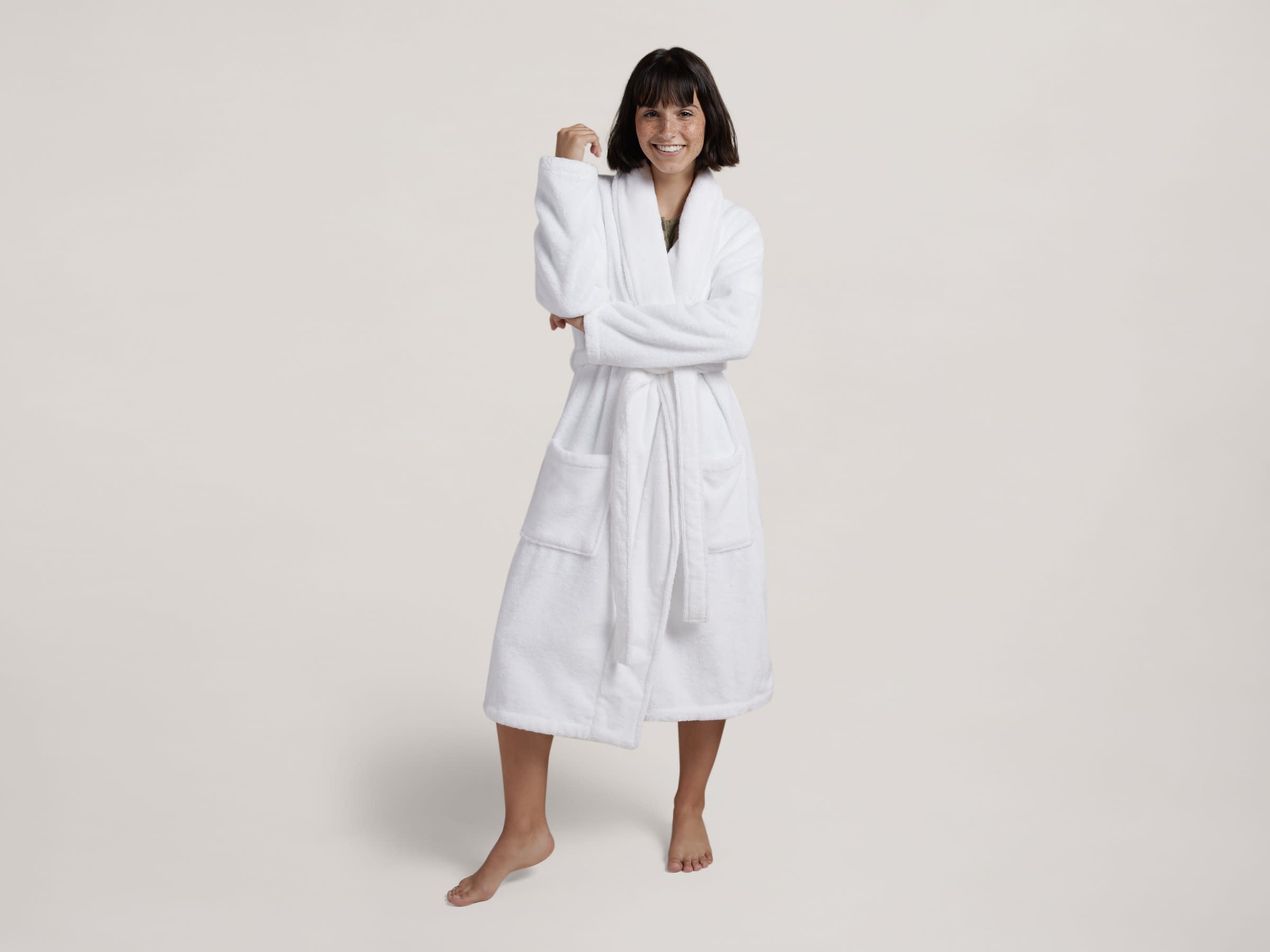 White Classic Turkish Cotton Robe Shown In A Room