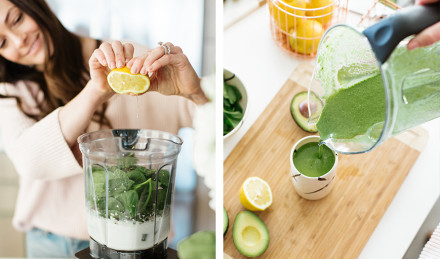 LeVeque making a green smoothie. 