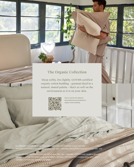 A catalog page with a QR code to the Parachute Organic Collection of products.