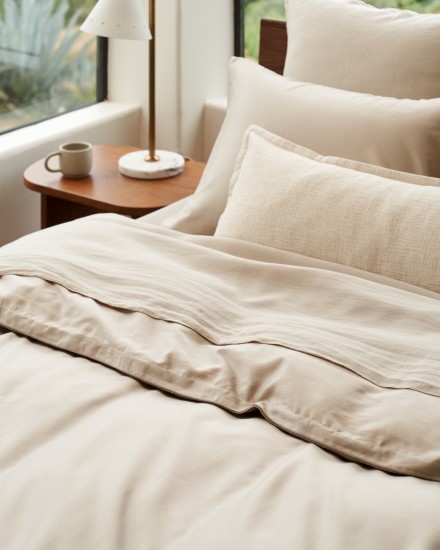 A neat bed with bone sateen sheets