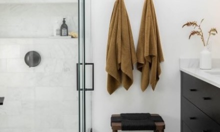 black white and ochre bathroom