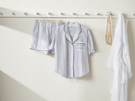 Striped Oversized Pajama Shorts Shown In A Room