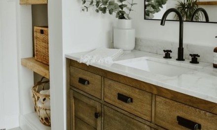 baskets on bathroom shelves 