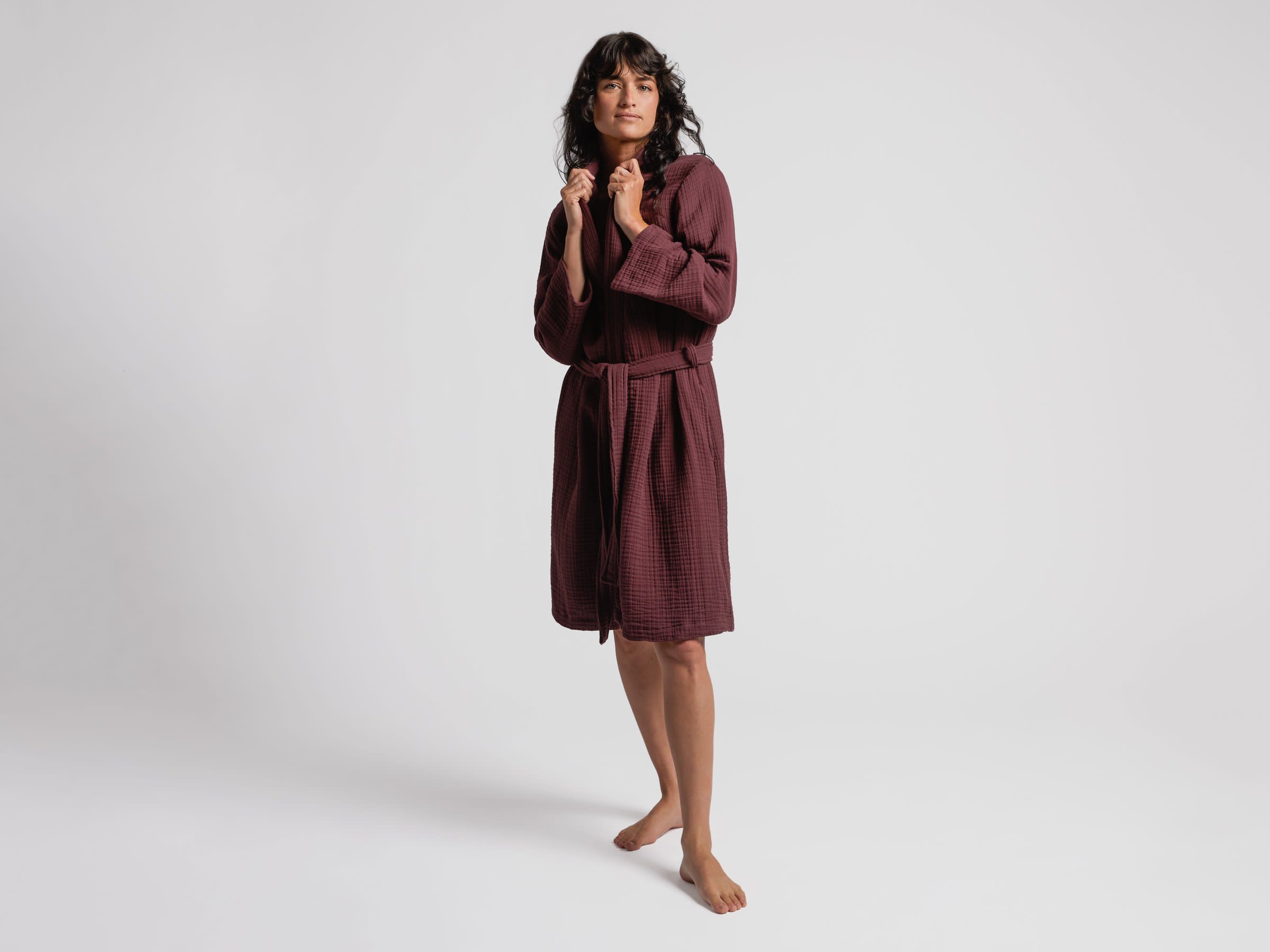 Mulberry Cloud Cotton Robe Shown In A Room