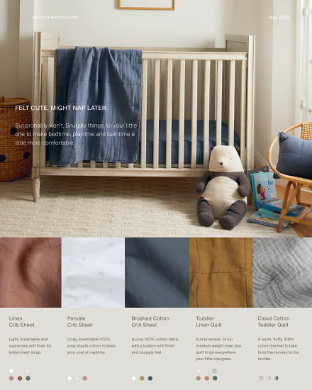 A baby crib with a list of baby bedding types and color options.