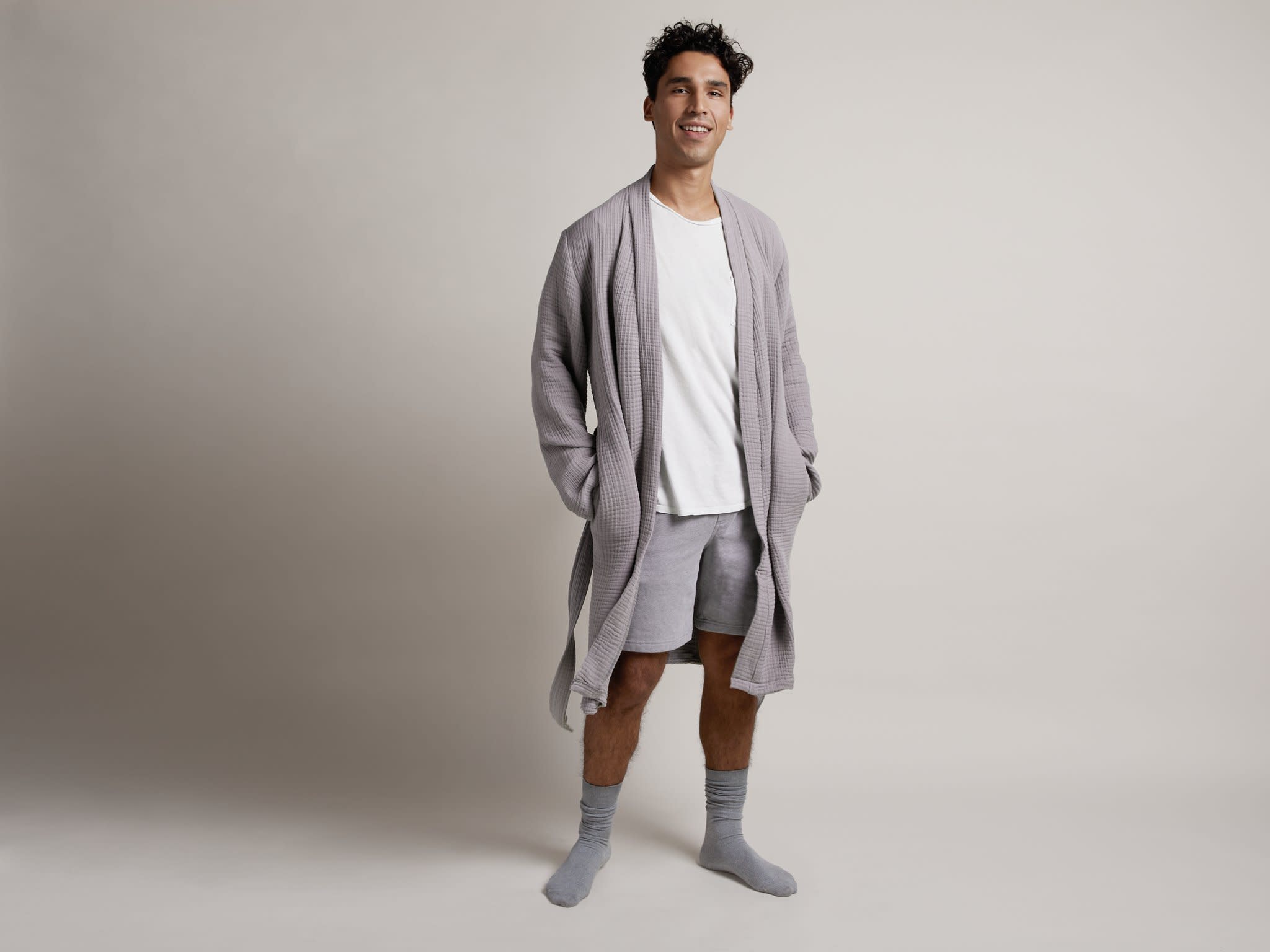 Grey Cloud Cotton Robe Shown In A Room