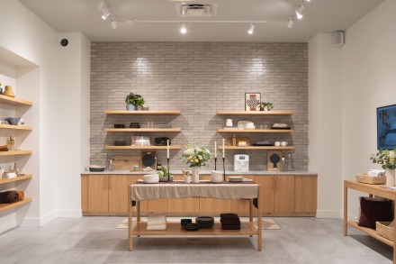 Open shelving with kitchen and dining product in our Easton, OH store.