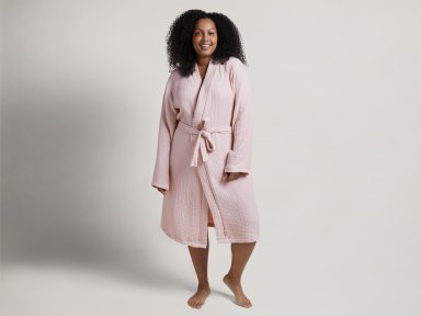 Rose Cloud Cotton Robe Shown In A Room