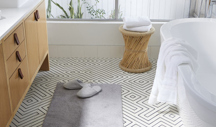 Bathroom floor with a parachute bathmat 