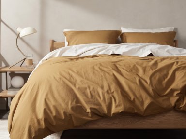 Ochre Brushed Cotton Duvet Cover Set Shown In A Room