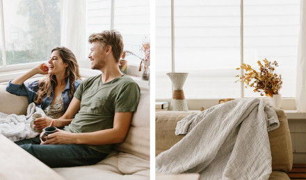 Ally and Casey on the left and a couch with a blanket draped over it on the right. 