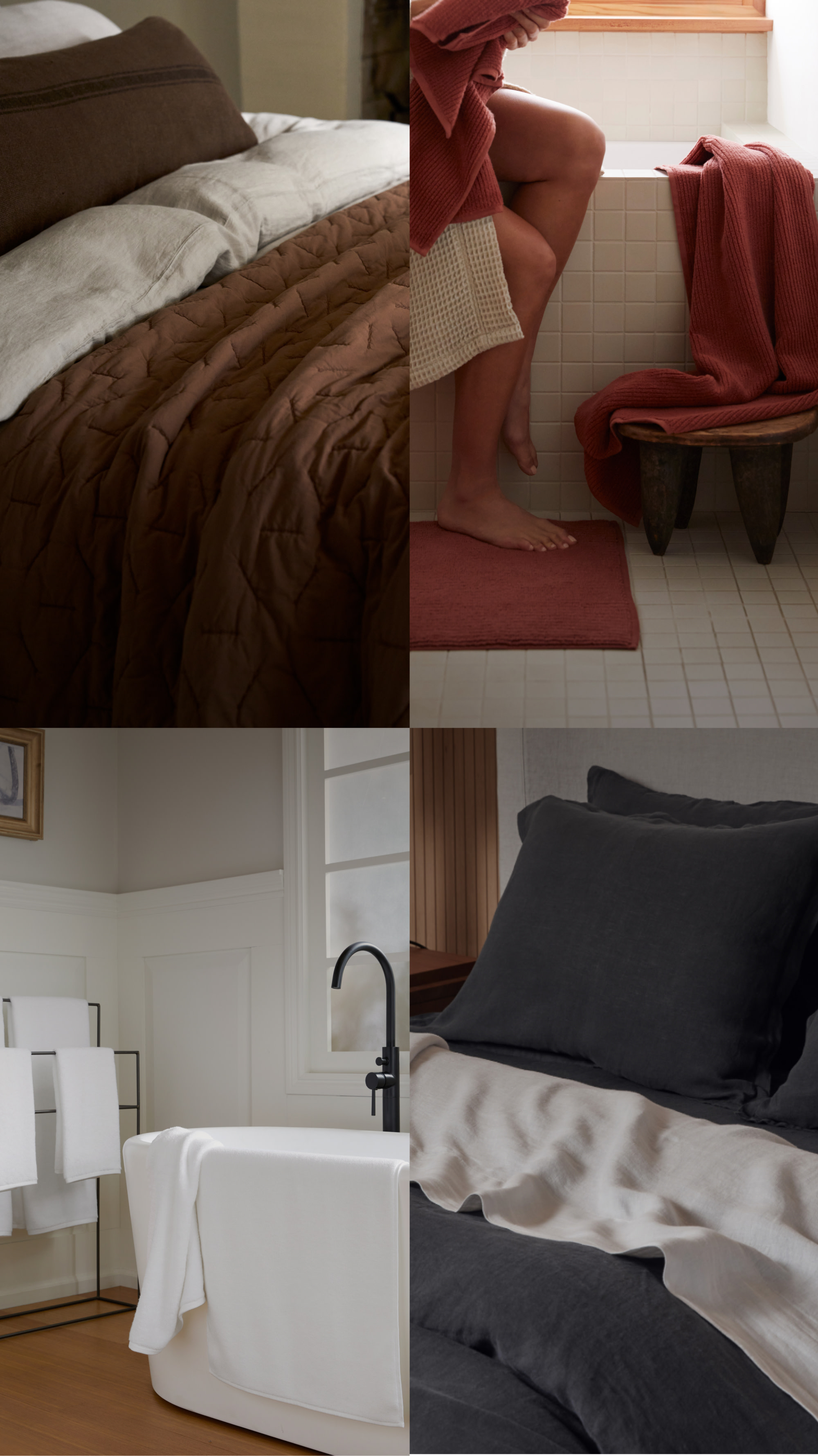a composite image of 4 images featuring brown quilt, red towels, white towels, and black linen