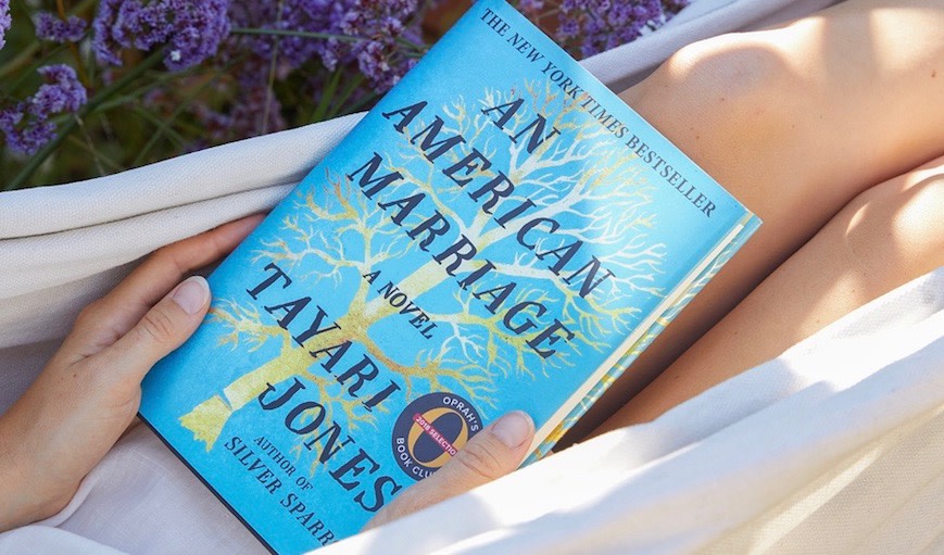 Book: An American Marriage reading in a hammock