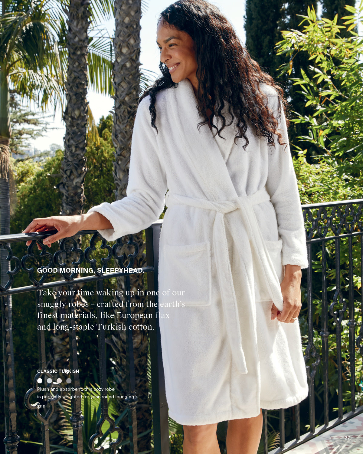 Woman standing on her patio wearing a classic turkish cotton robe