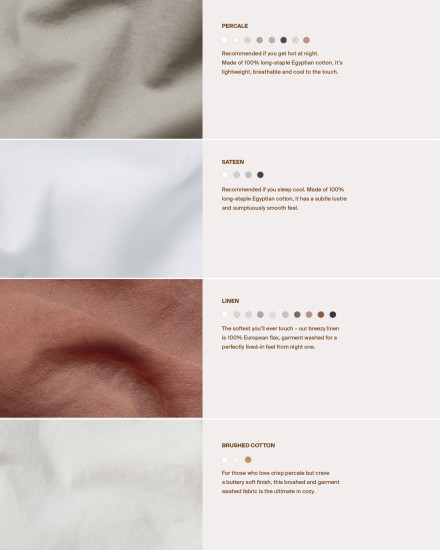 Close up on linen, percale, sateen and brushed cotton fabric swatches