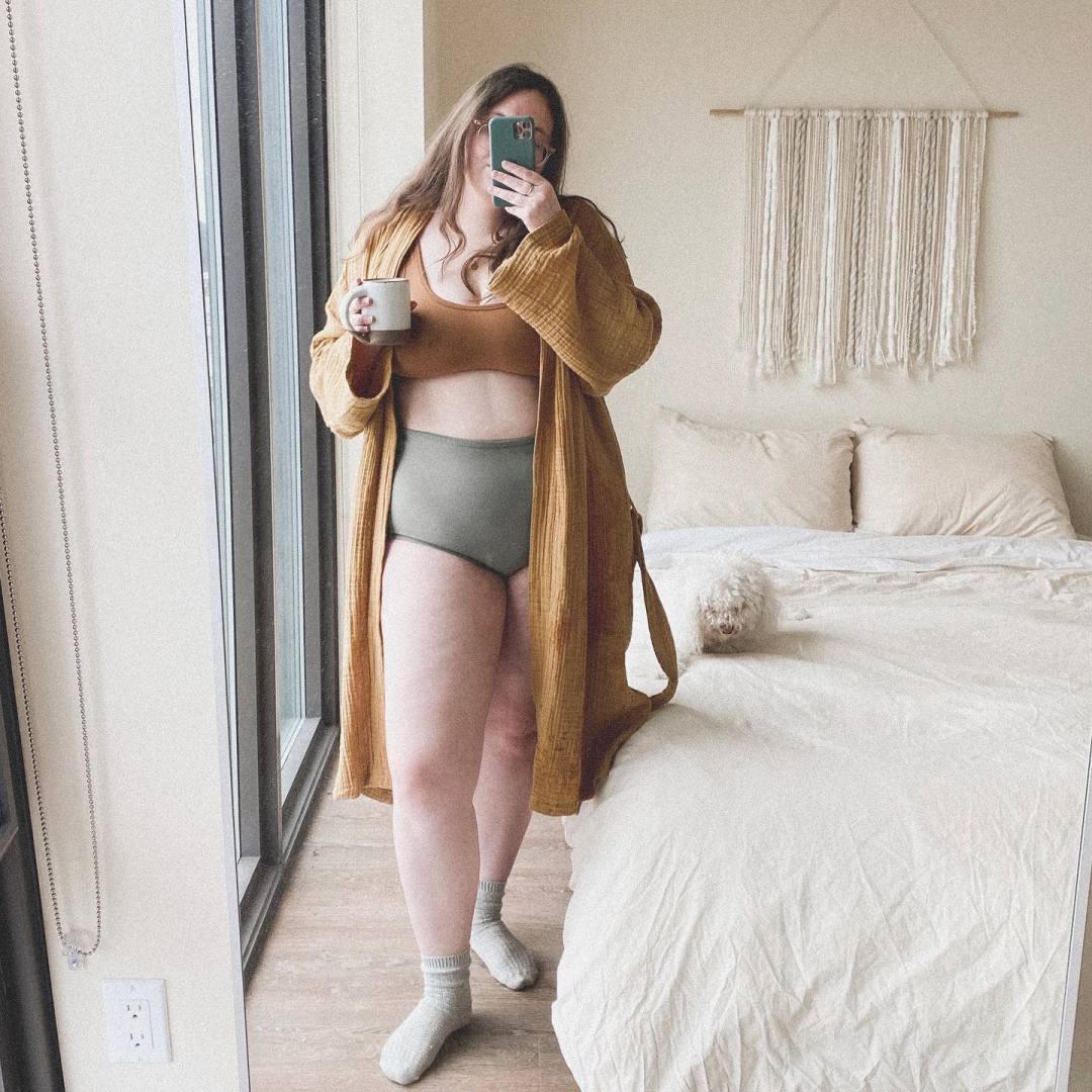 instagram user @laurenmarigold in our ochre cloud cotton robe