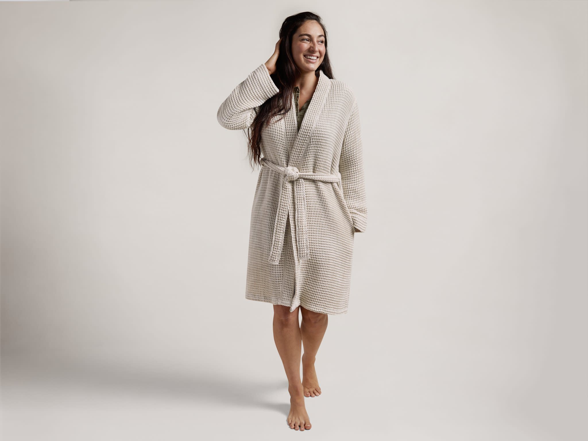 Tan Waffle Robe Shown In A Room