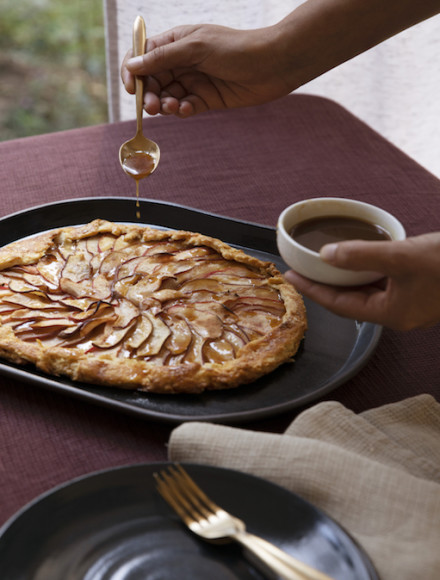 Apple galette with caramel drizzle.