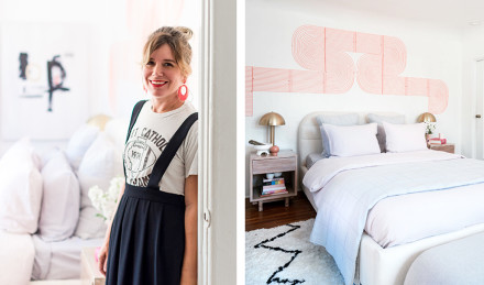 On the left is Jen and on the right is a photograph of her bed.