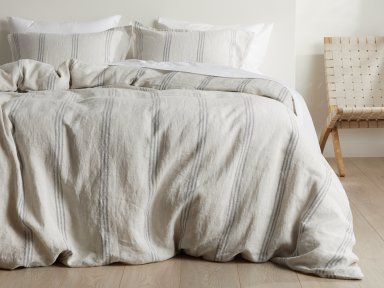 Natural Canyon Stripe Duvet Cover Set Shown In A Room