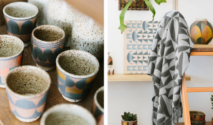 On the left is an up-close image of the potter, on the right is pottery on a shelf 