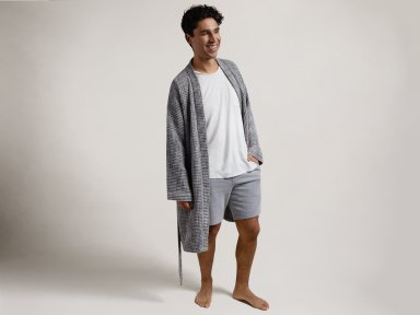 Grey Waffle Robe Shown In A Room