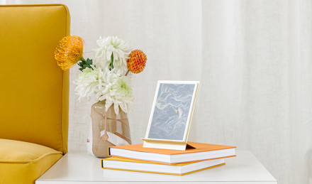 Photo books on a coffee table