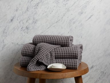 Charcoal Waffle Towels Shown In A Room