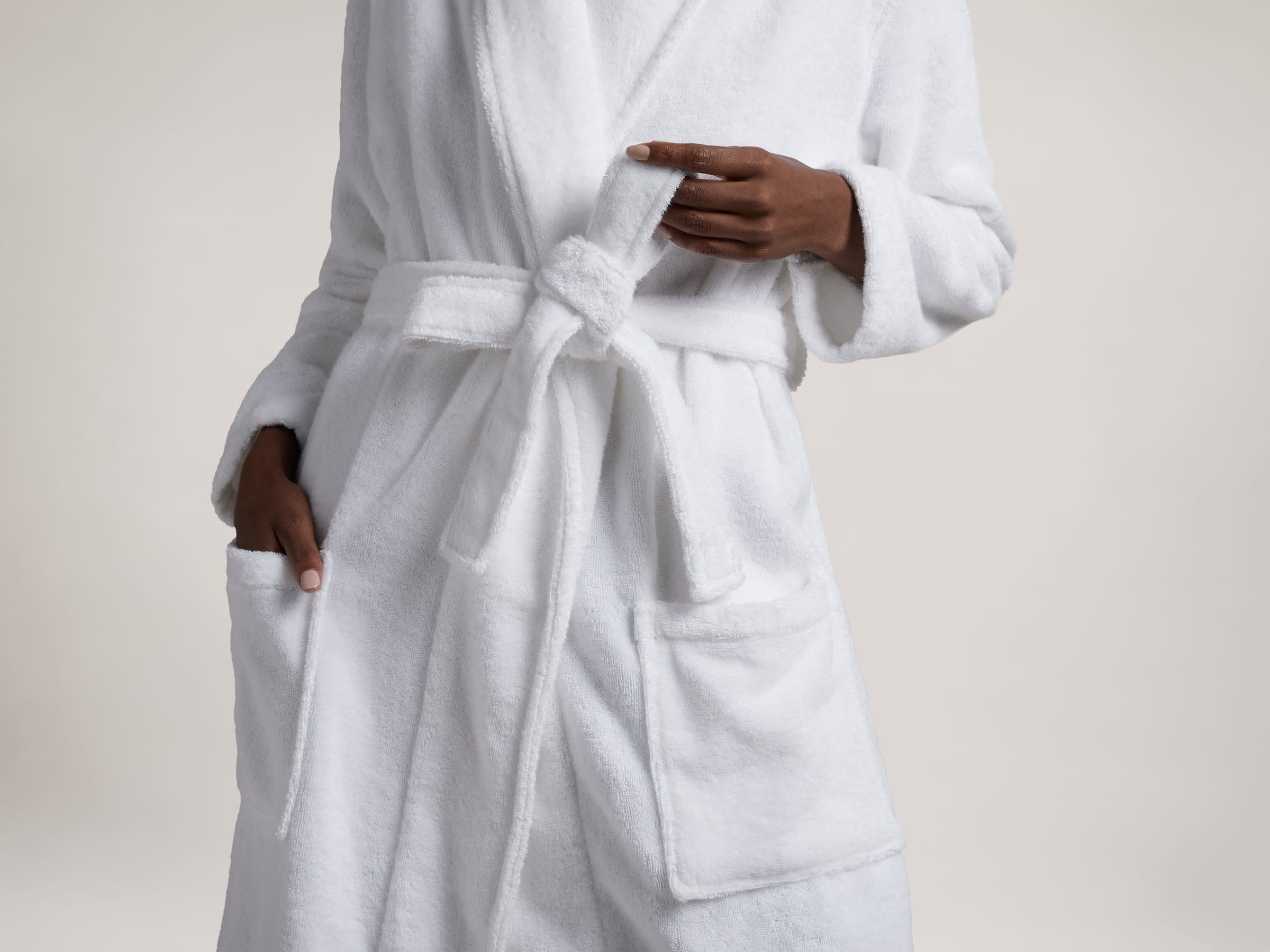 White Classic Turkish Cotton Robe Shown In A Room