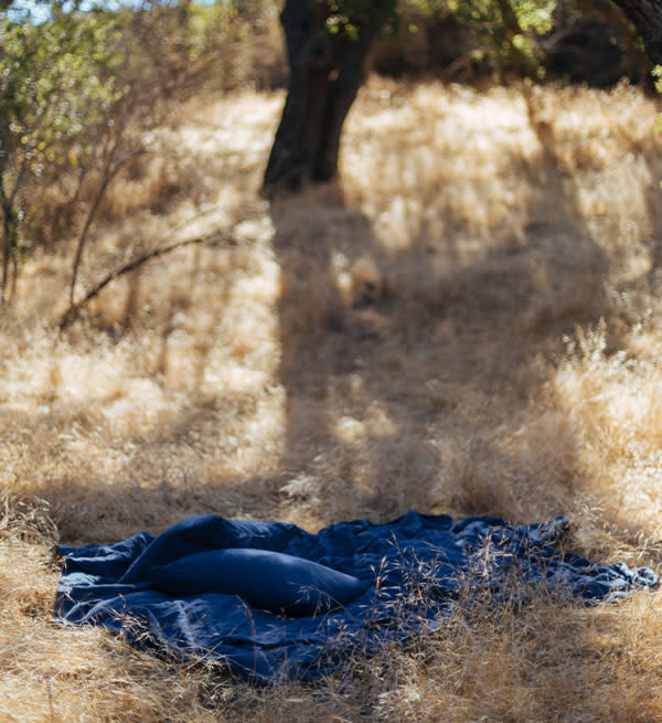 Indigo fabric displayed on the ground of a golden field.