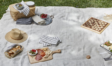A picnic in the grass set up on a table linen 