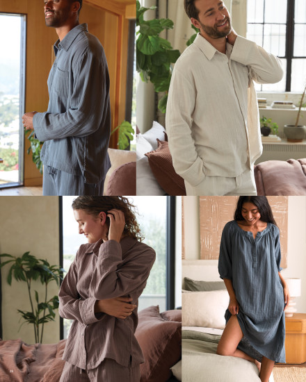 Four images of men and women wearing cozy sleepwear