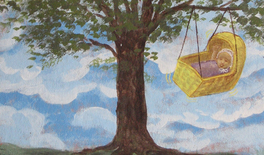 Painting of a baby in a basket swinging. 