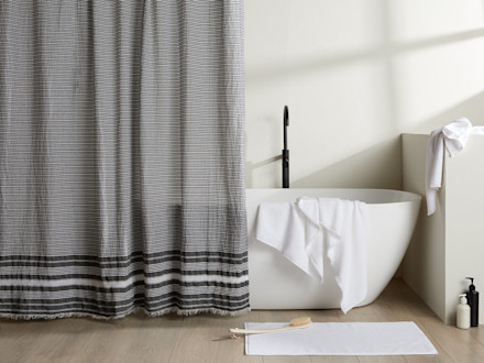 Villa Striped Shower Curtain Shown In A Room