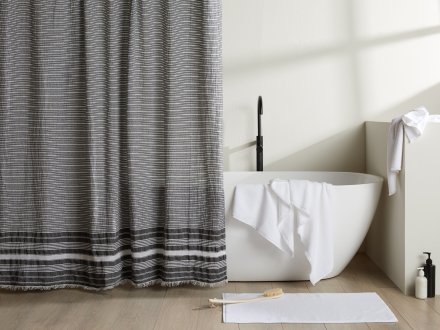 Villa Striped Shower Curtain Shown In A Room