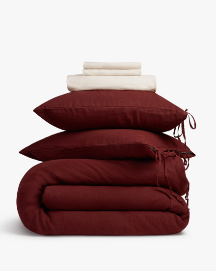 Buff And Burgundy Linen Bedding Set