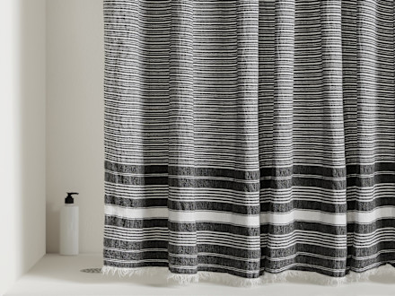 Villa Striped Shower Curtain Shown In A Room