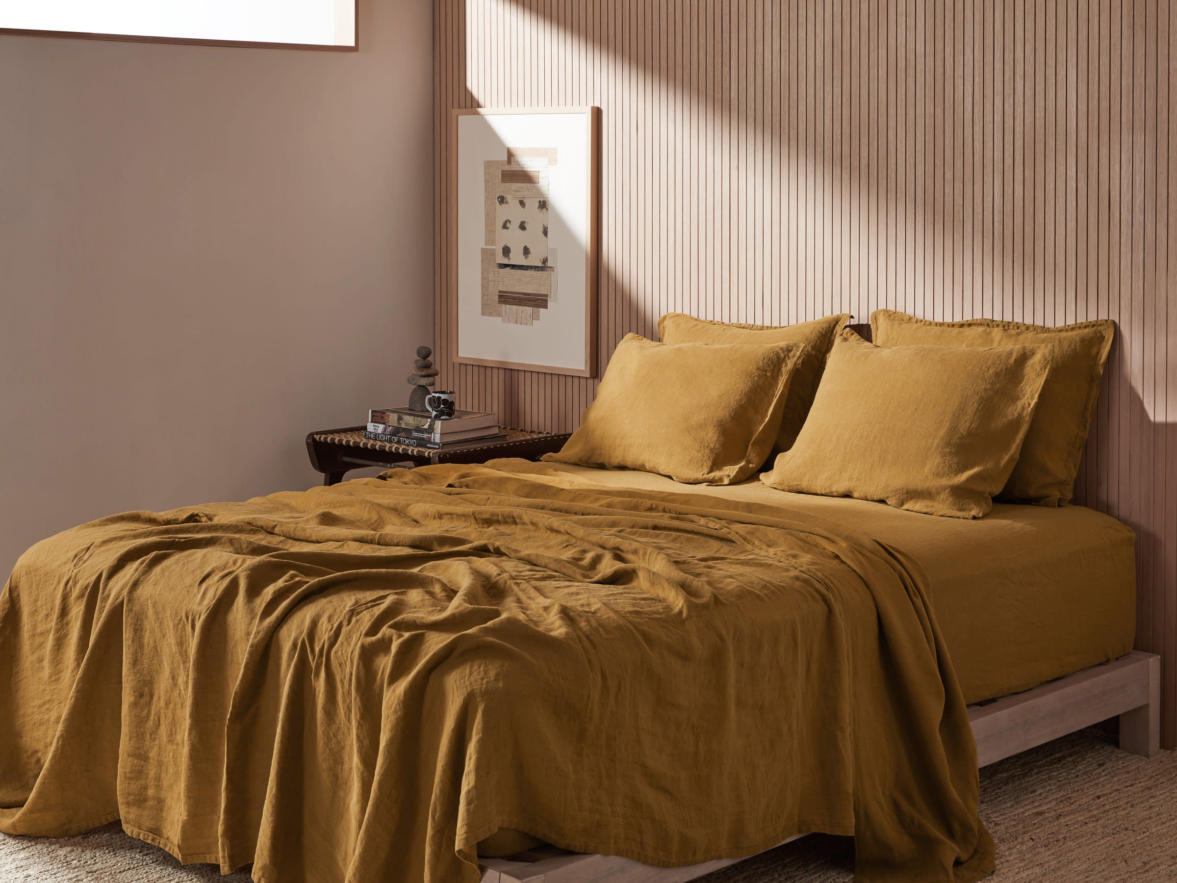 Ochre Linen Fitted Sheet Shown In A Room