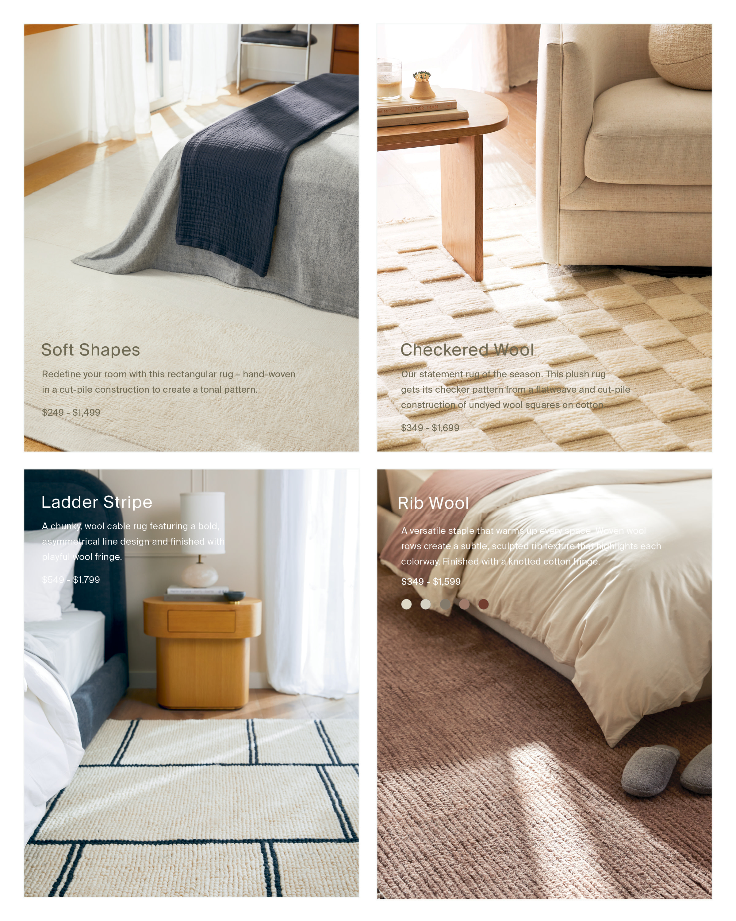 Four different rugs with various patterns, textures, and colors