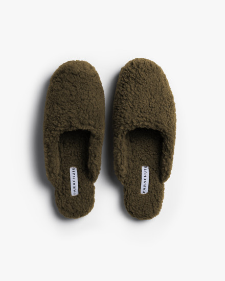 Olive Shearling Wool Lounge Slippers