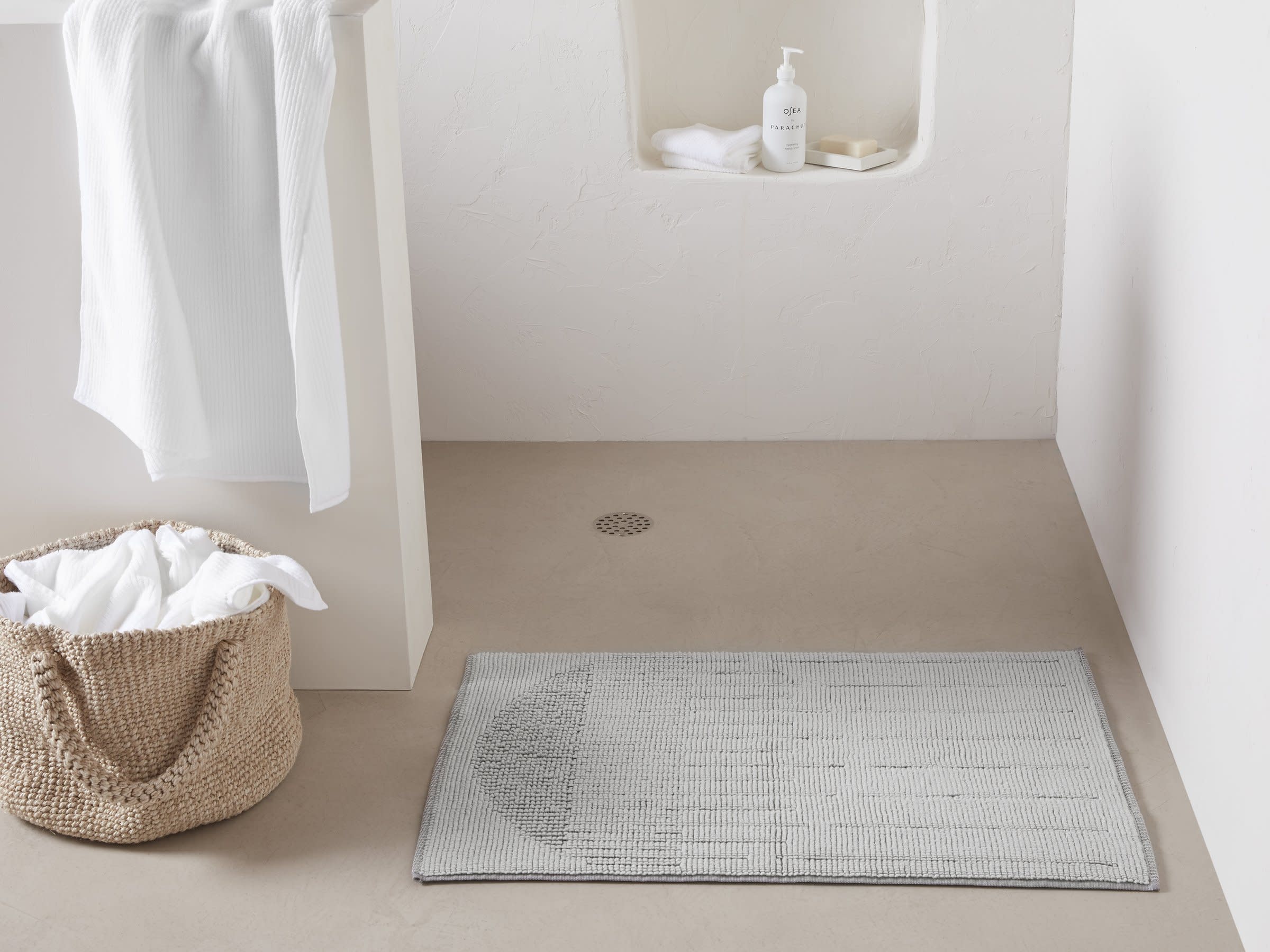 Light Grey And Dark Grey Sunset Bath Rug Shown In A Room