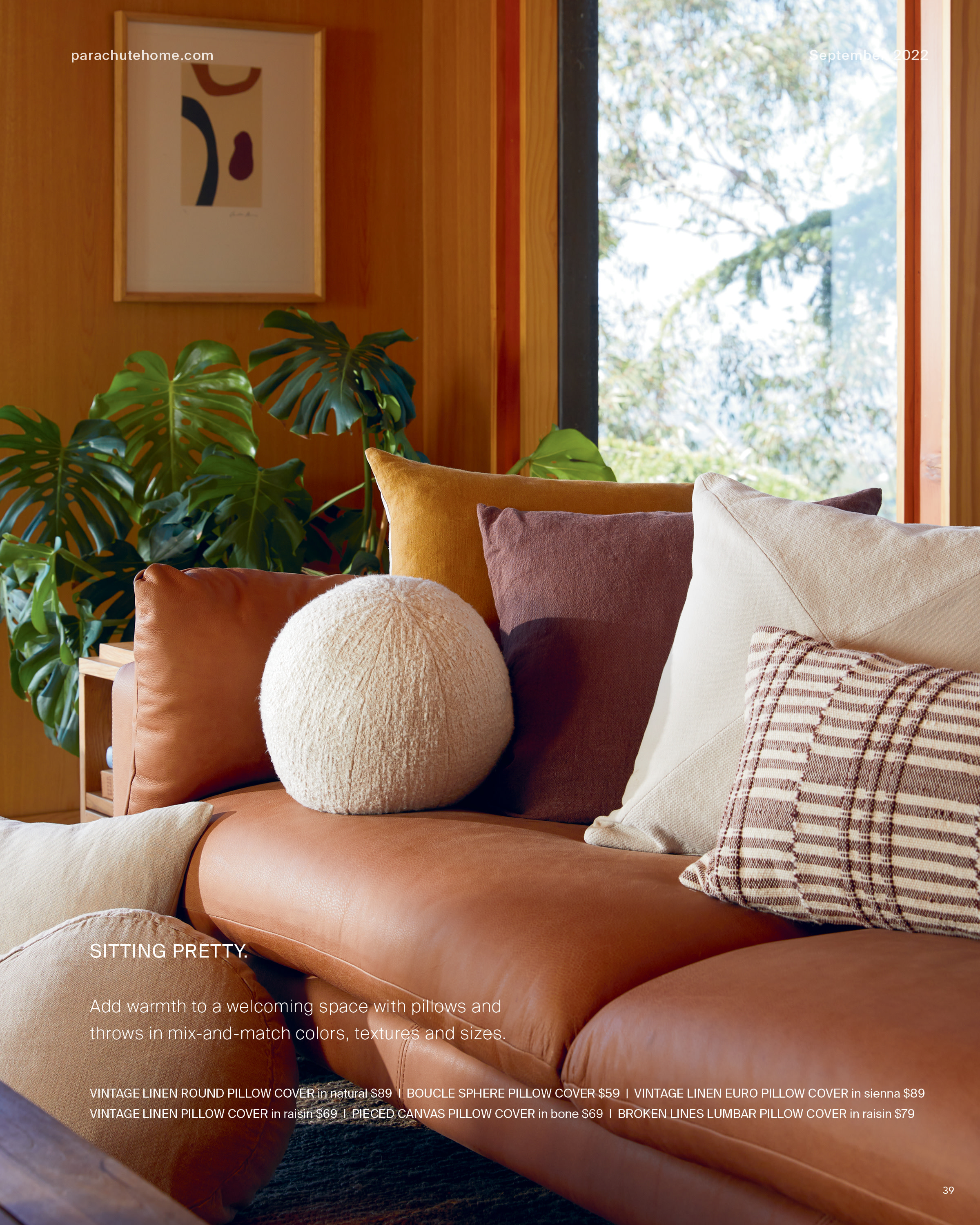 Pillows of various shapes and colors on a leather sofa