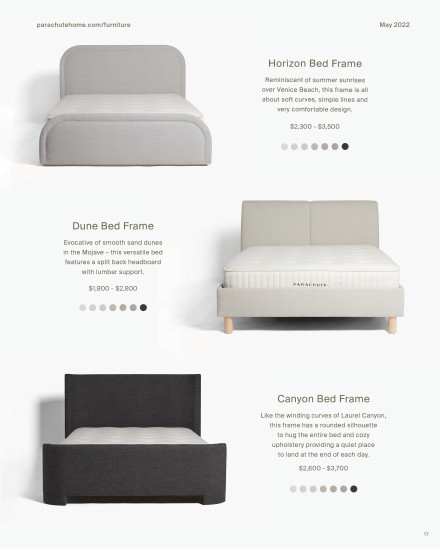 A lit of Parachute bed frames and color options.
