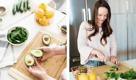 On the left is an image of fruits and vegetables laid out and on the right is an image of LeVeque chopping vegetables. 