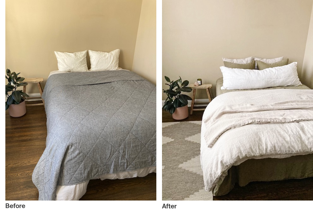 Before and after shot of a bedroom