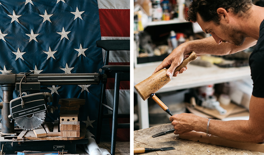 The left is a power drill in front of the American Flag on the right is Chris working. 
