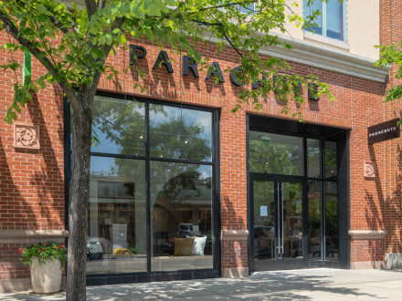 Brick exterior of our Easton storefront with "Parachute" in black lettering.